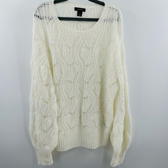 Halogen Wool Mohair Blend Open Knit Long Sleeve Soft White Long Sleeve Sweater - Picture 1 of 8